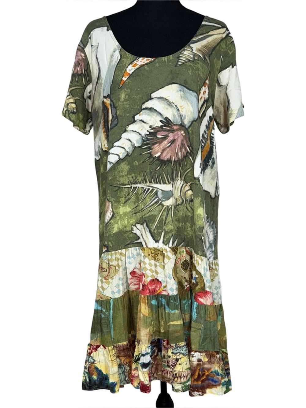 Jams World Hattie Tiered Drop Waist Dress 90s Seashore Green Patchwork Rayon M